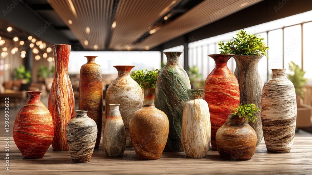 Poster elegant display of stoneware pottery showcasing a group of unique vases on a table in an artistic ar