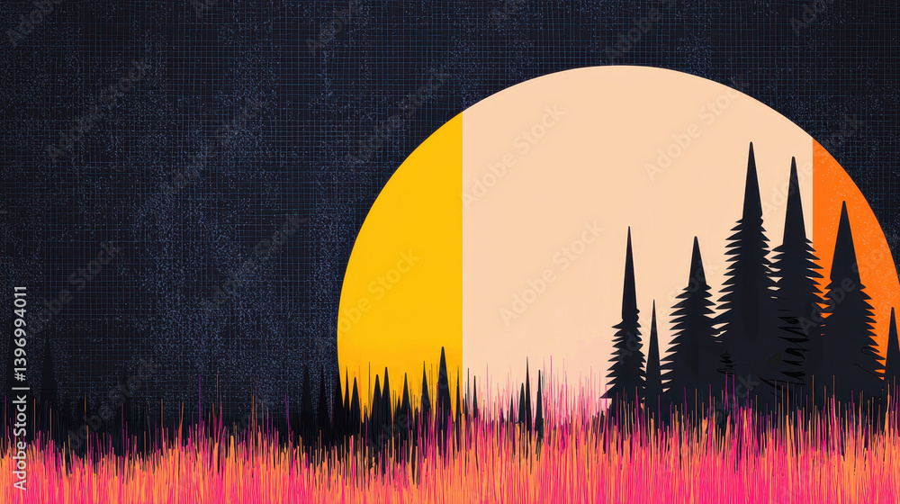 Poster stylized forest silhouette against a large segment sun on textured dark background with abstract vib