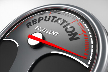 Close-up of speedometer showing excellent reputation, gray and red color scheme, symbolizing high performance and strong brand image