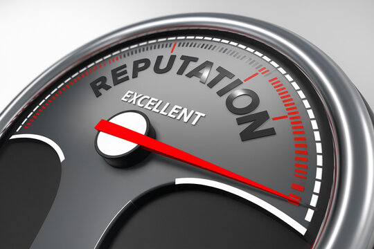 Close-up of speedometer showing excellent reputation, gray and red color scheme, symbolizing high performance and strong brand image