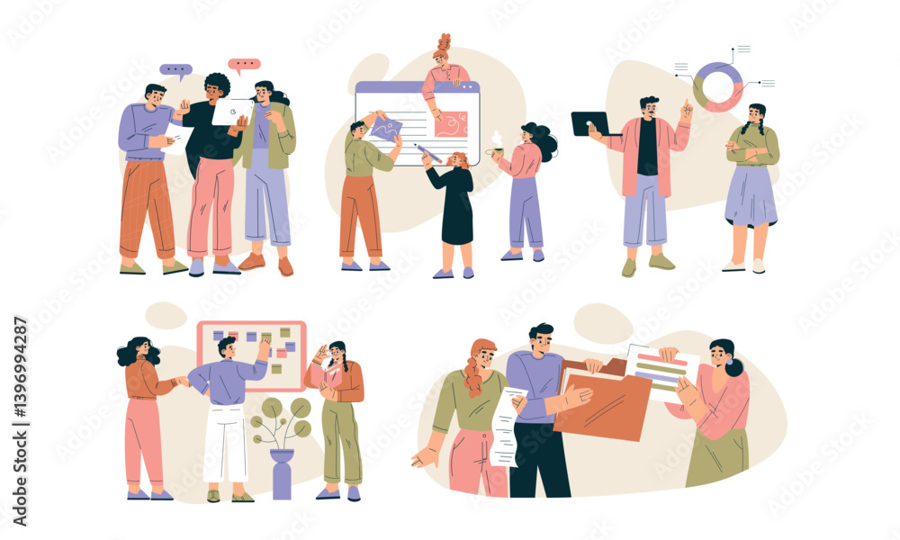 Poster Business Concept with Man and Woman Character Engaged in Workflow Deal with Project Vector Set