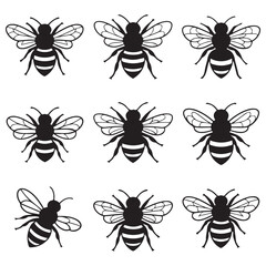 Vector Black silhouettes Selection of hand drawn bees in different styles.with white background