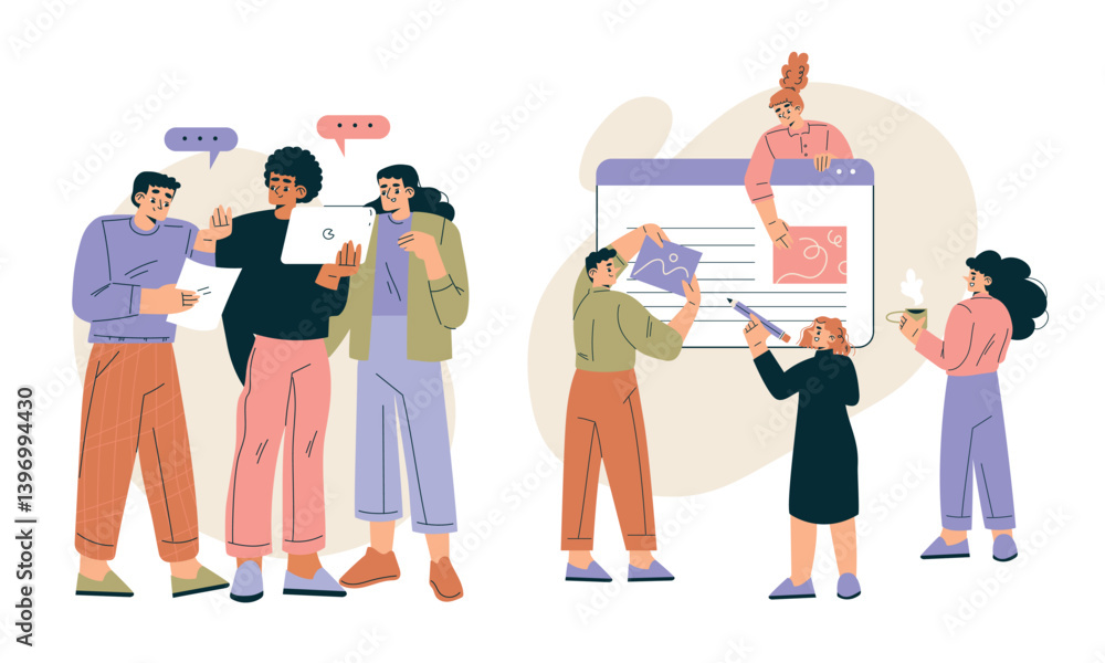 Aufkleber business concept with man and woman character engaged in workflow deal with project vector set