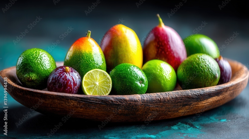Poster Exotic fruit arrangement in a rustic bowl surrounded by natural elements creating a colorful and inviting display