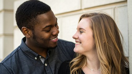 Naklejka premium Young Couple African American Man and White Woman Sharing Love and Affection Outdoors Together