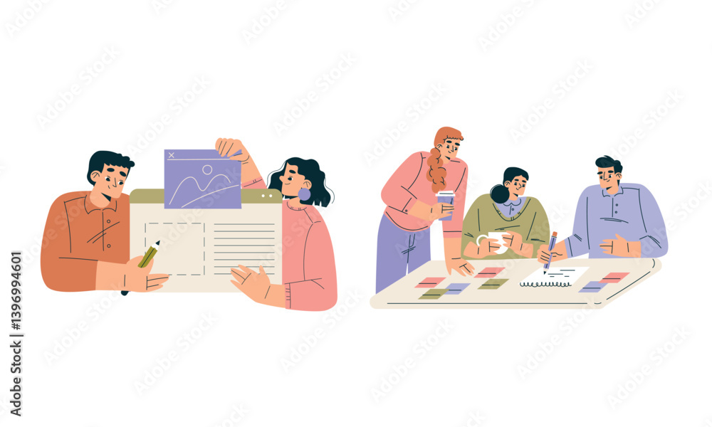 Aufkleber business concept with man and woman character engaged in workflow deal with project vector set