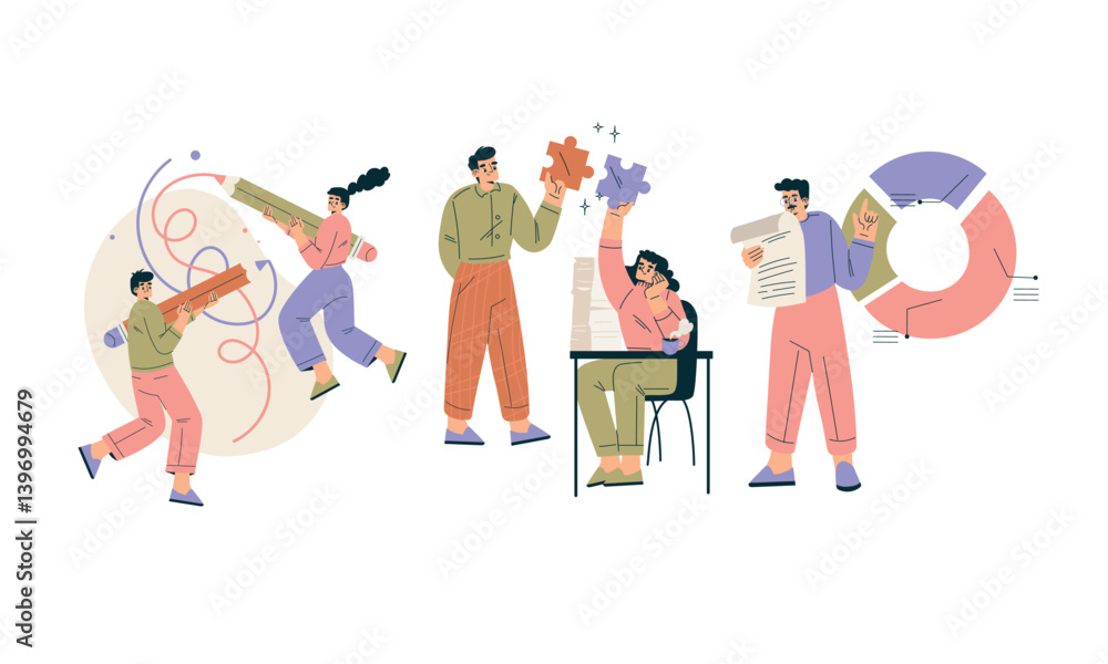 Poster business concept with man and woman character engaged in workflow deal with project vector set