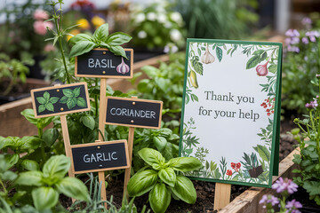 Thank you sign surrounded by fresh herbs in garden bed