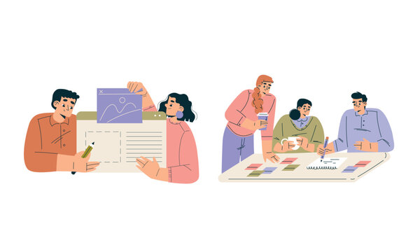Business Concept with Man and Woman Character Engaged in Workflow Deal with Project Vector Set