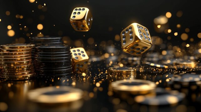A backdrop of a casino with floating chips, golden coins, and dice
