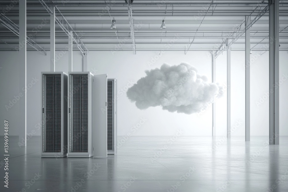 Poster server cabinets are positioned in a spacious, empty room, creating a contrast with a cloud-like mist