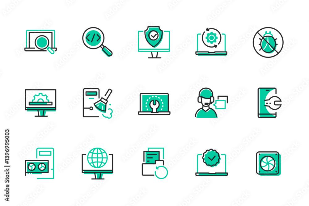 Poster technical support and gadgets - set of line design style icons
