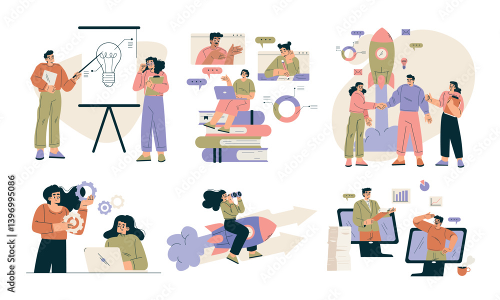 Poster business concept with man and woman character engaged in workflow deal with project vector set
