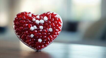 Vibrant heart-shaped object filled with red capsules and white tablets sits on a wooden table in a well-lit indoor space