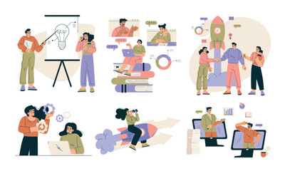 Obraz premium Business Concept with Man and Woman Character Engaged in Workflow Deal with Project Vector Set