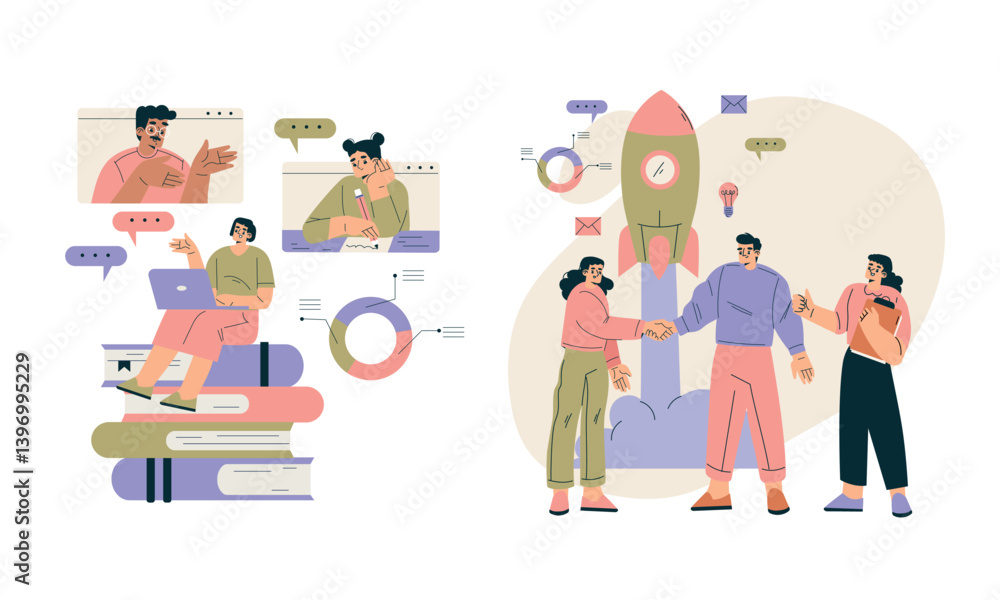 Poster business concept with man and woman character engaged in workflow deal with project vector set