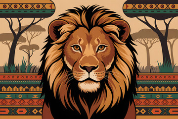Majestic lion gazing in african landscape with tribal pattern