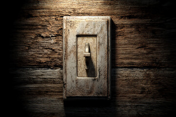 Old, weathered light switch on rustic wood wall, creating a vintage and slightly mysterious mood, suitable for horror, mystery, or retro design concepts