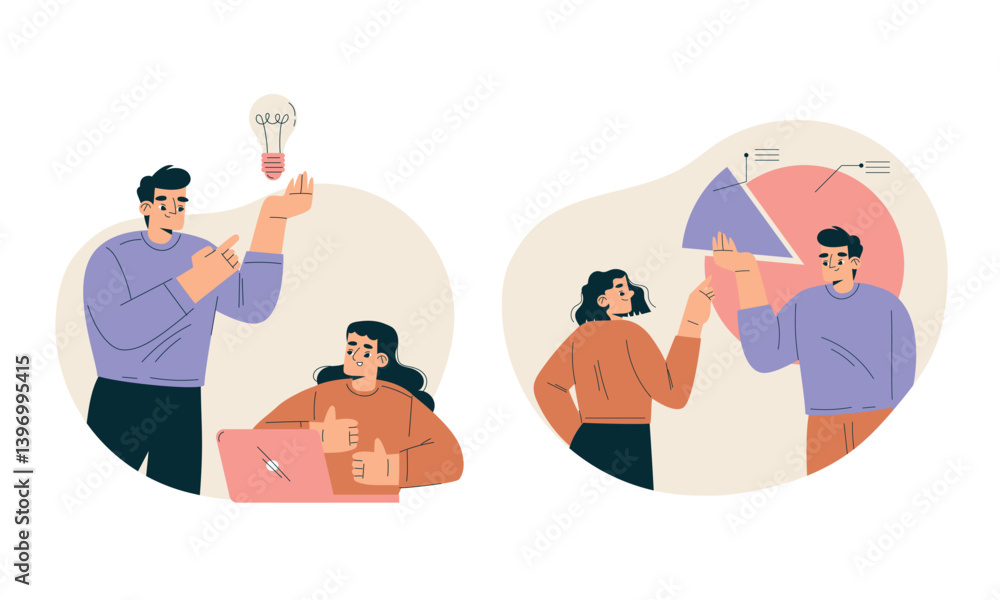 Poster business concept with man and woman character engaged in workflow deal with project vector set