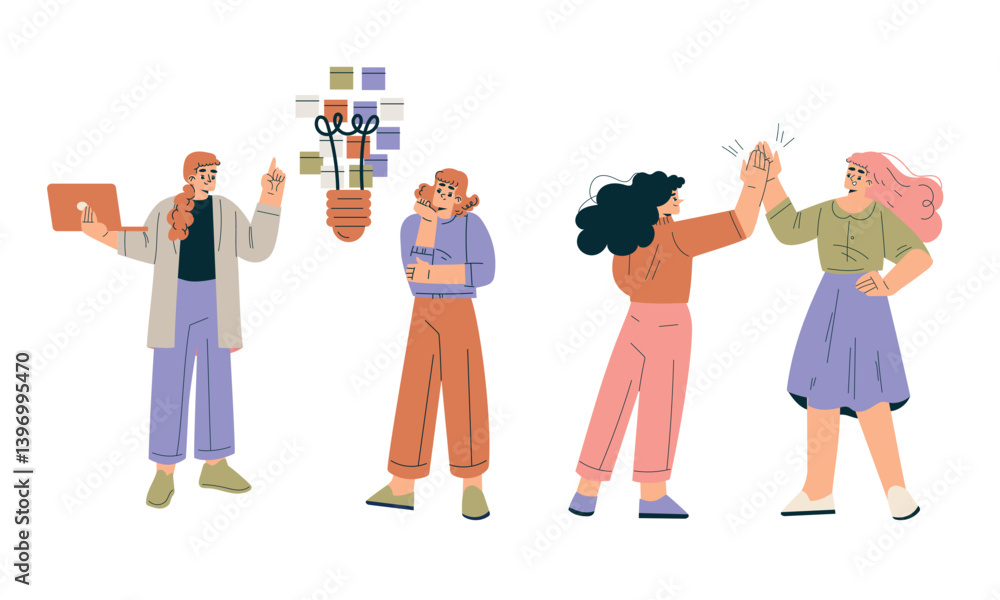 Aufkleber business concept with man and woman character engaged in workflow deal with project vector set