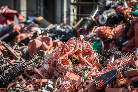 Copper wire scrap piled up for recycling in junkyard