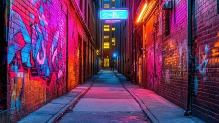 Fototapeta premium Neon-lit Urban Alleyway with Colorful Graffiti and Vibrant Lights at Night in a City Setting