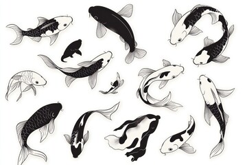 Obraz premium Black-white Koi fish illustration, aquatic design, white background, graphic art, print