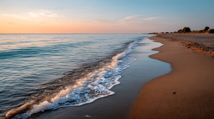 Tranquil Shoreline at Sunset with Soft Waves and Calm Waters Reflecting Beautiful Sky Colors