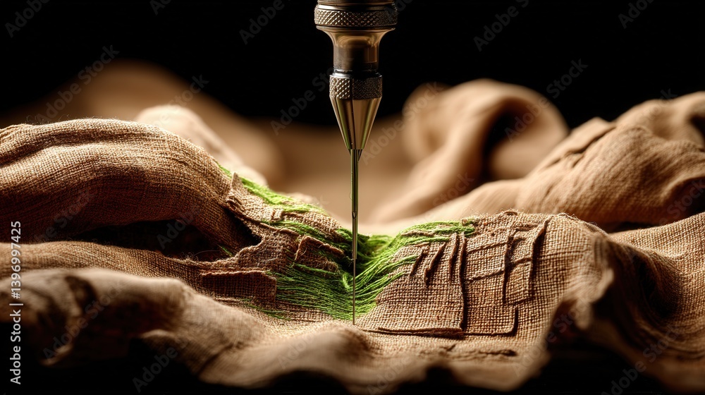 Aufkleber close-up of a small green plant surrounded by layered textures of fabrics and material, creating a u