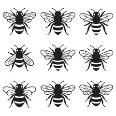 Vector Black silhouettes Selection of hand drawn bees in different styles.with white background