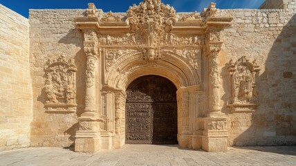Obraz premium Ornate Stone Archway with Wrought Iron Gate on Sunlit Building Facade Featuring Detailed Carvings and Historical Architecture Under a Clear Sky