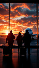 Silhouetted travelers at sunset watch an airliner from a glowing airport window.

