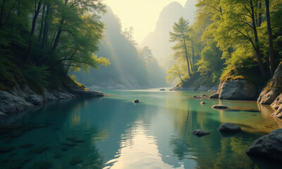 Serene Mountain Lake, Green Forest - Nature Photography: The image .