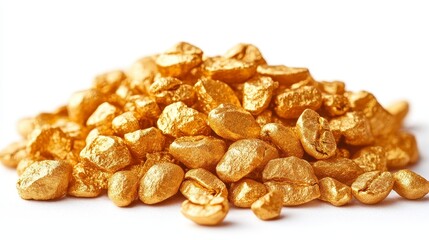 Golden nuggets. Heap of shiny, rough gold stones on a white backdrop