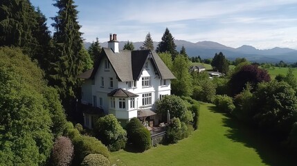 Elegant White House Surrounded by Lush Greenery and Scenic Mountains in the Background