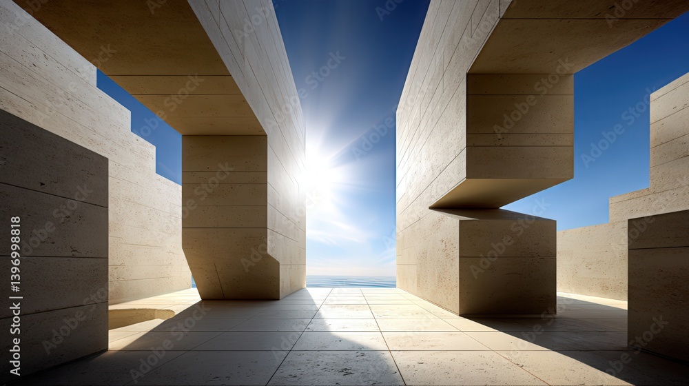 Poster striking building with clean lines set against a clear blue sky highlighting minimalist architecture