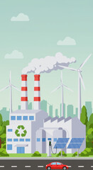 Obraz premium Sustainable Future: Balancing Industry with Clean Energy & Electric Vehicles. Green Factory, Wind Turbines, Solar Panels, & EV Charging!