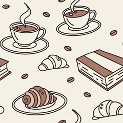 Coffee and pastries vector seamless pattern in minimalist style  