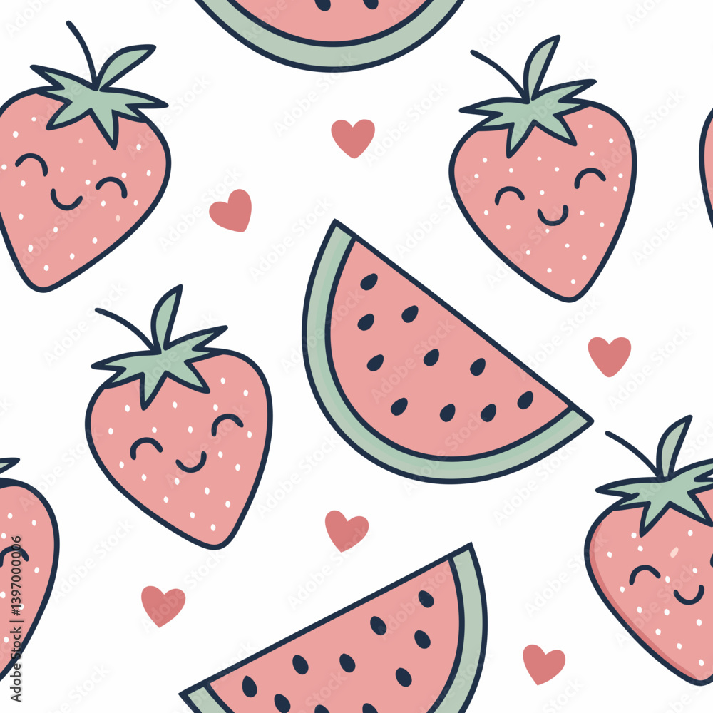 Poster cute fruit pattern with smiling strawberries and watermelon slices, vector seamless pattern