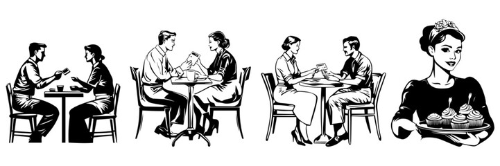 Black silhouette of a restaurant server walking with a tray on a clear white background