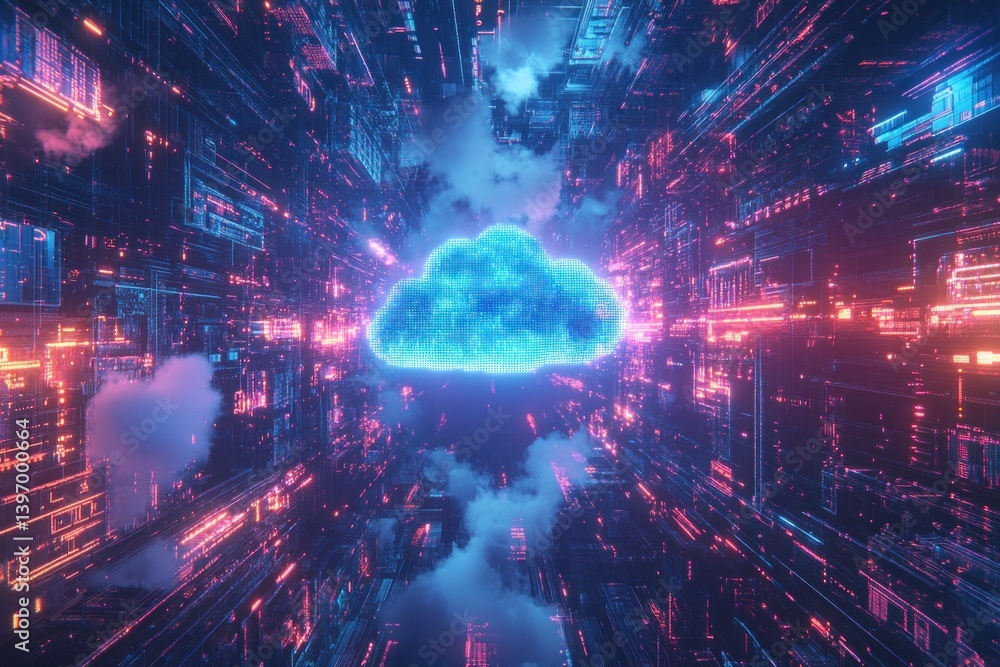 Poster bright cloud represents a futuristic data-sharing network within a colorful digital environment, fil
