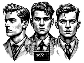 prisoner in striped uniform posing for a vintage mugshot, both front and profile views against a lineup background sketch engraving generative ai PNG illustration. Scratch board. Black and white