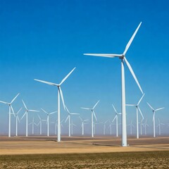 Fototapeta premium Wind turbines generating clean energy in a wind farm under blue sky