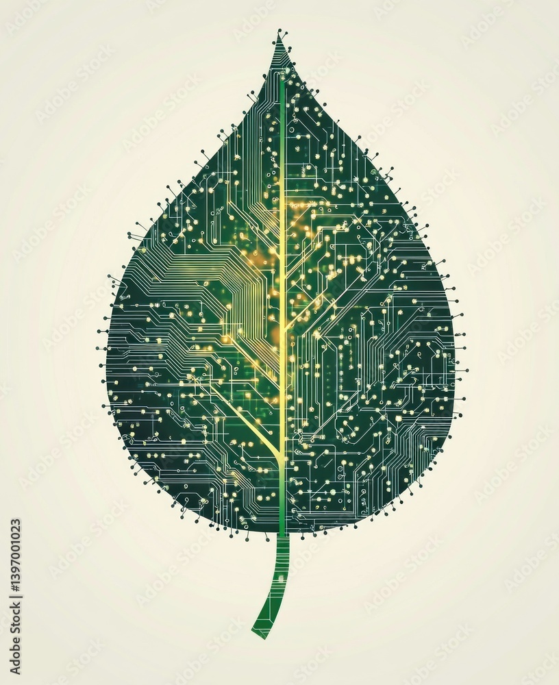 Poster a green leaf created using circuit board patterns represents the fusion of nature and technology aga