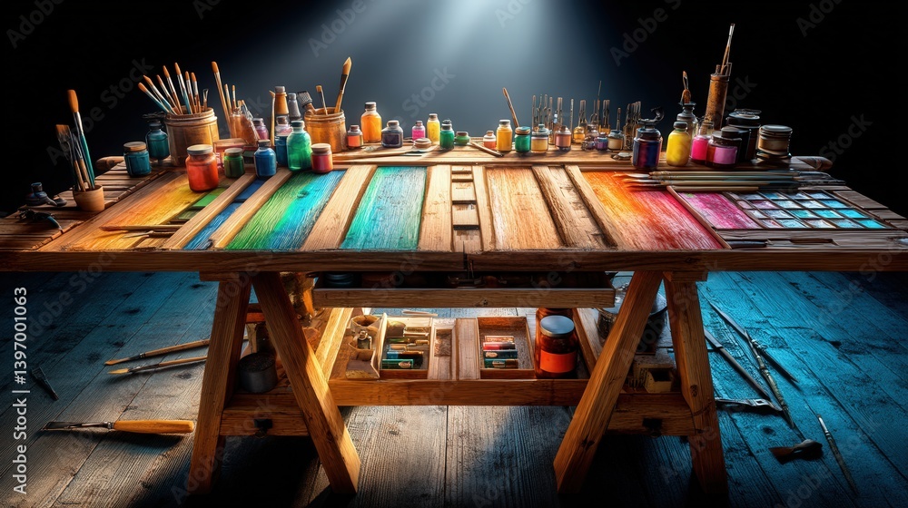 Poster rustic wooden table adorned with paints and brushes creating an inspiring artistic environment in a 