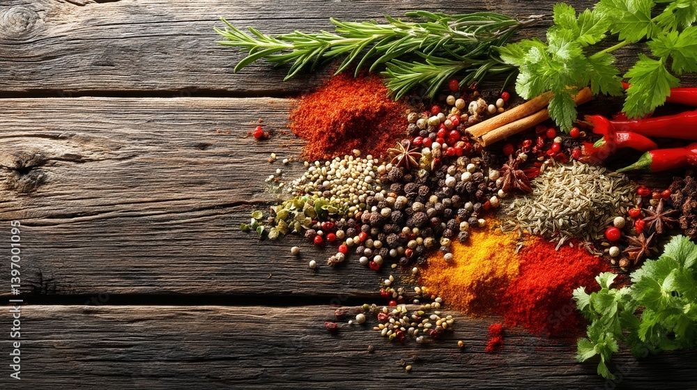 Poster rustic wooden table displaying coarse spices and fresh herbs creating a warm and inviting culinary e