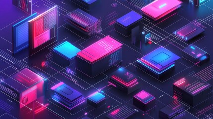 Abstract network grid with files and folders, futuristic software interface, digital document management system, store, search and organize documents, corporate business, paperless office. illustrati