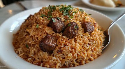 Rice Dish with Meat Pieces and Parsley in a White Bowl