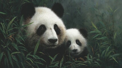 Obraz premium Majestic Mother Panda and Cub Hiding in Lush Bamboo Forest