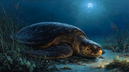 Fototapeta premium Majestic Sea Turtle Resting on the Beach Under Moonlight Night